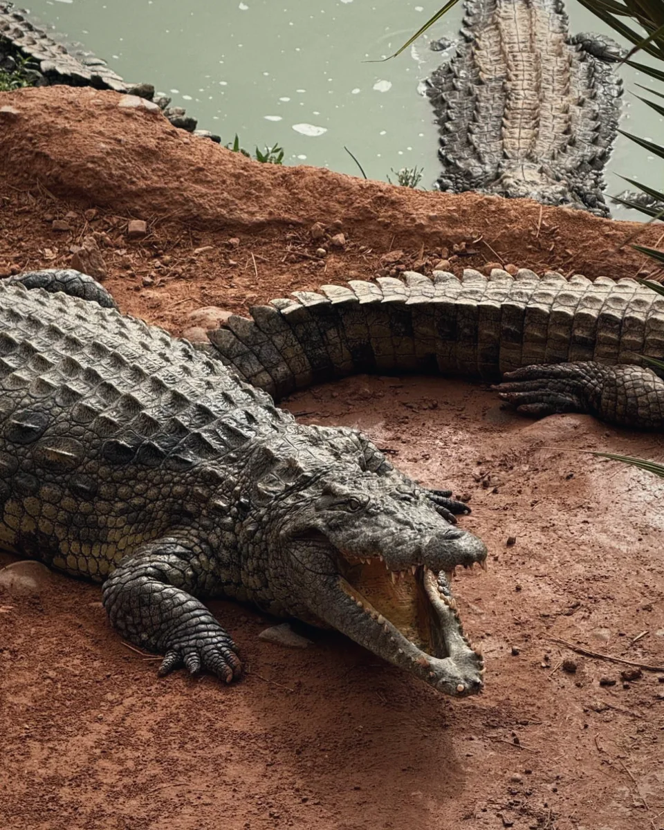 A crocodile with its jaws open on red earth beside green water