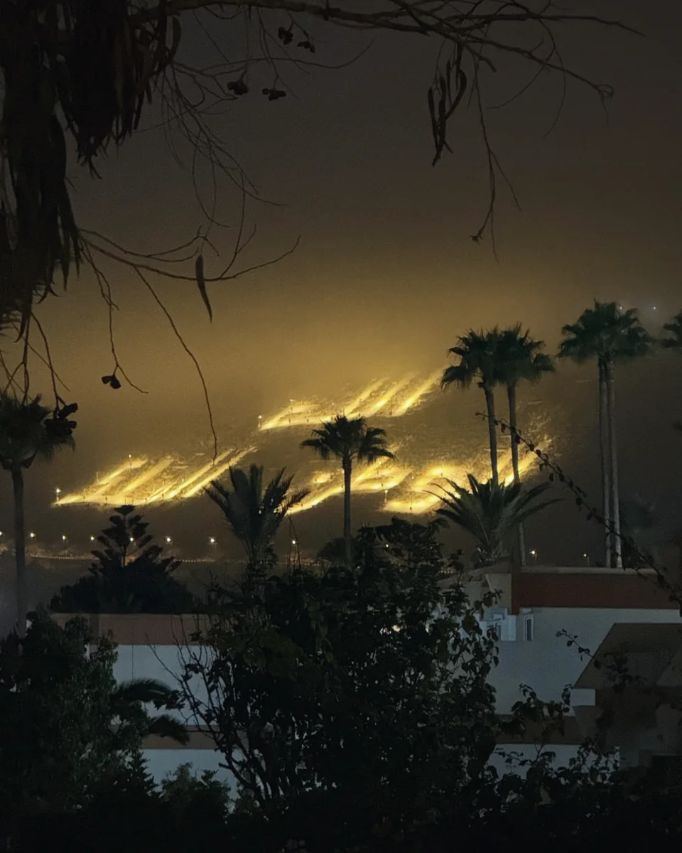 Lit lettering on a hillside glowing through haze behind palm trees