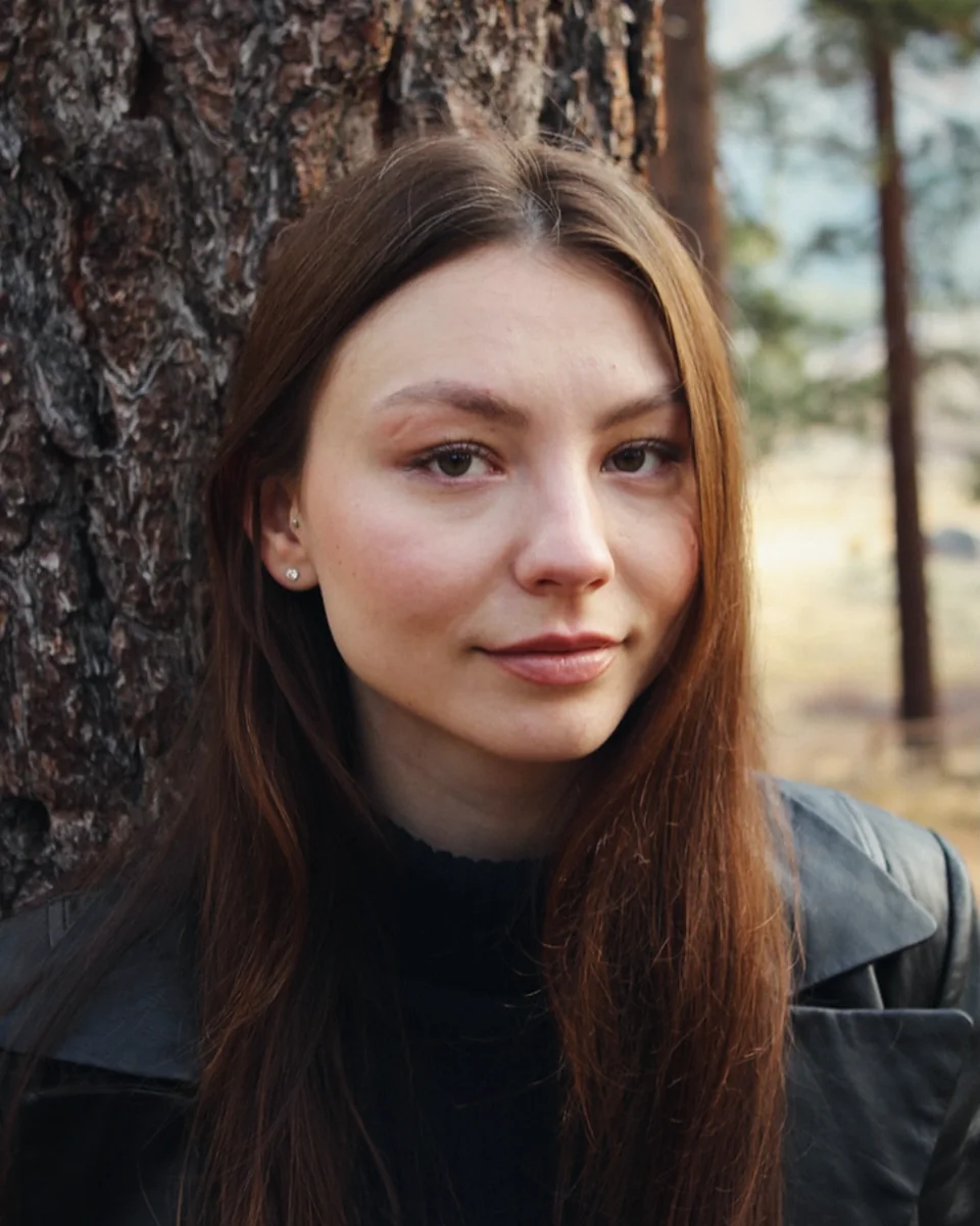 Portrait of a woman with long auburn hair against a pine trunk